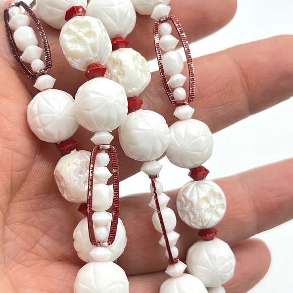 West Germany Two Strand White Bead Necklace Red Accents Ornate Gold Tone Clasp - Picture 9 of 9